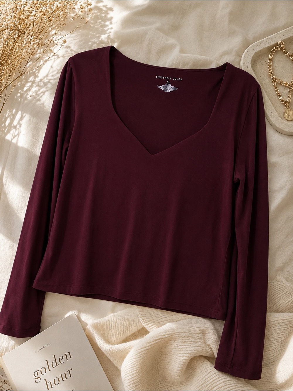 Sincerly Jules Long Sleeve V-Neck Top - Wine double lined xl